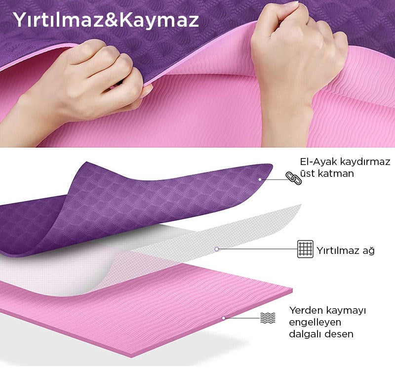 Gymo Sembol Hizalamalı 6mm TPE Yoga Matı Pilates Minderi Diz Dirsek Koruyucu Matlı Set Mürdüm